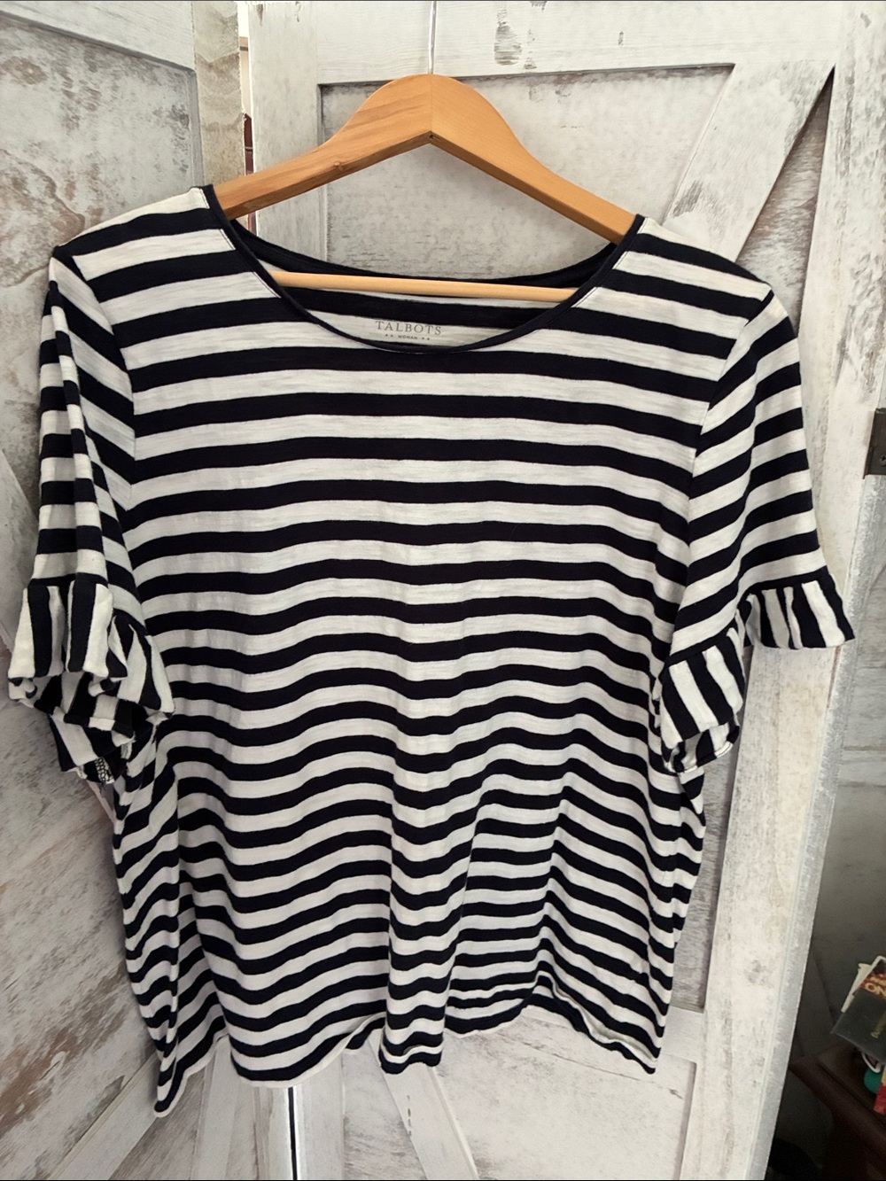 Talbots Navy Blue & White Striped Ruffle Sleeve Tee
